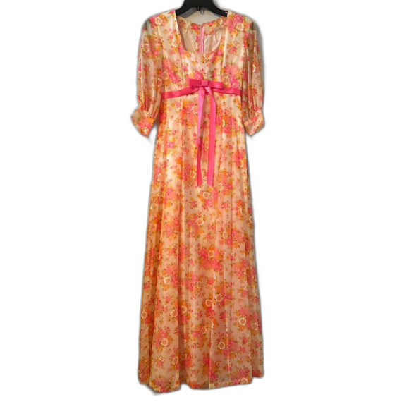 Vintage Handmade Empire Floral Dress 1950s 1960s Bow Detail XS/S - Picture 5 of 8